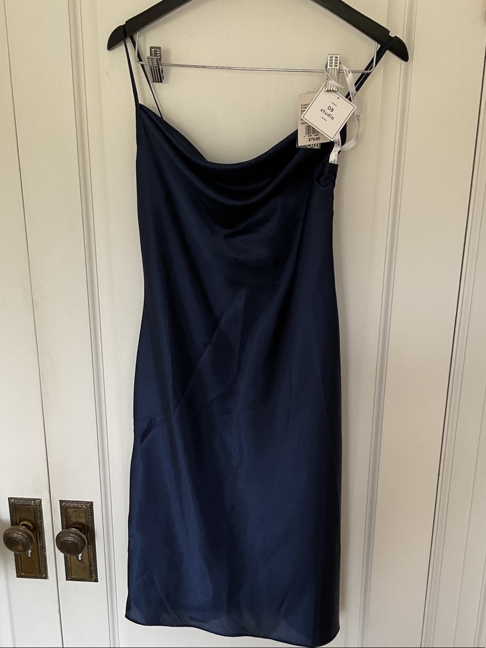 Satin Cowl Neck Midi Slip Dress in Navy